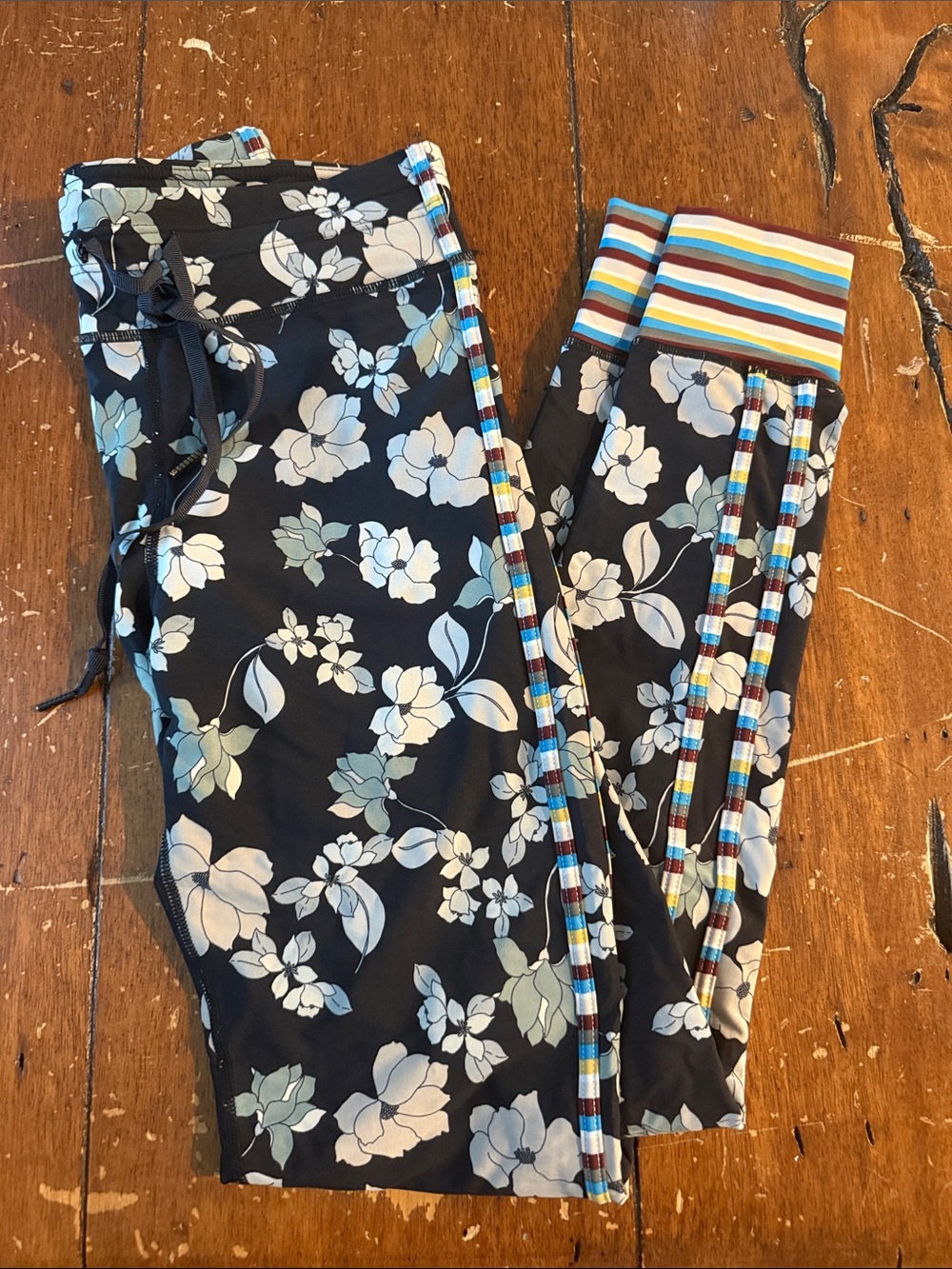 Navy Floral Leggings with Striped Details
